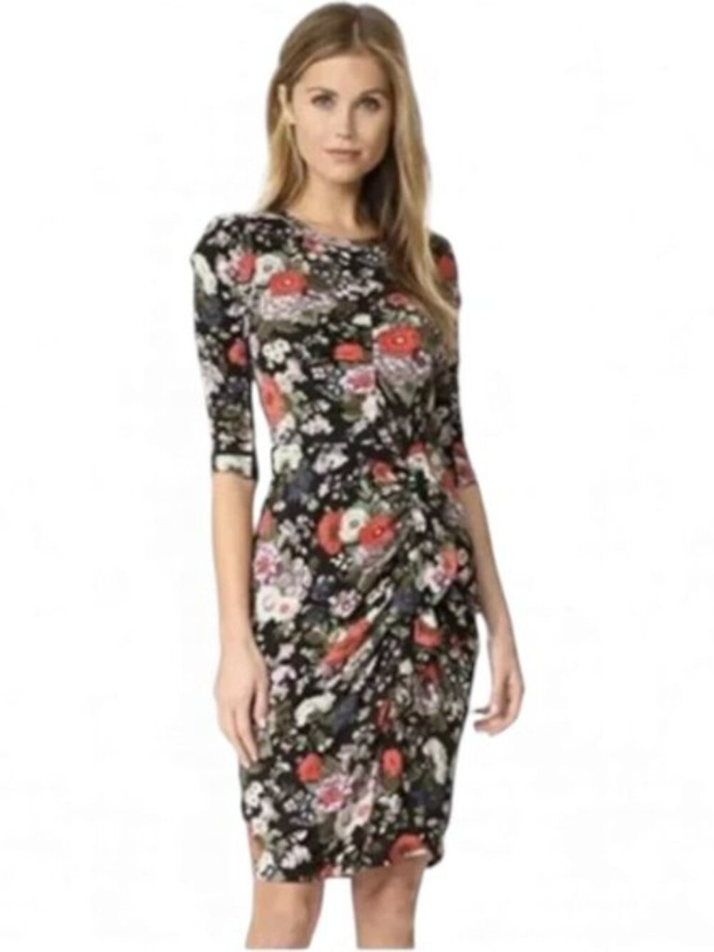 Rebecca Taylor Lua Black Floral Jersey Ruched Dress Size Small